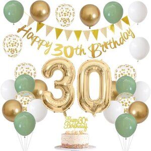 30th birthday decorations sage green white gold balloons banner cake topper set